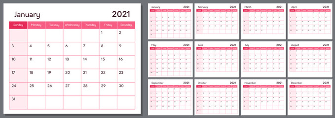 Calendar for 2021 new year, week starts on sunday. Template planner for schedule, events and holidays. Vector organizer grid in minimal pink style