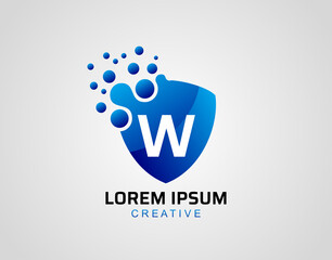 Letter W Dot Shield Logo, Modern Security Technology Icon Design.