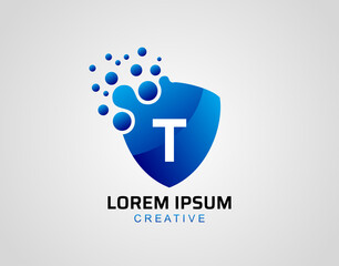 Obraz premium Letter T Dot Shield Logo, Modern Security Technology Icon Design.