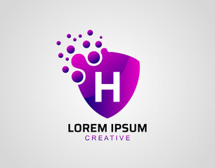 Letter H Dot Shield Logo, Modern Security Technology Icon Design.