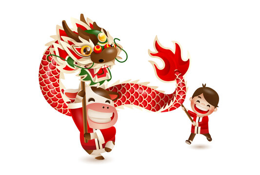 Happy Chinese New Year 2021 year of the ox. Cute ox and boy wishing you a Happiness and prosperous Chinese new year. 