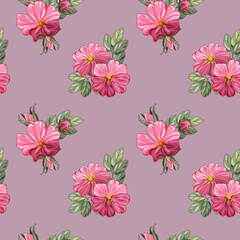 Seamless pattern with pink wild roses.