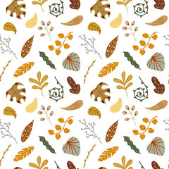 leaves seamless pattern of bright various seasonal leaves in cartoon style.Vector illustration.