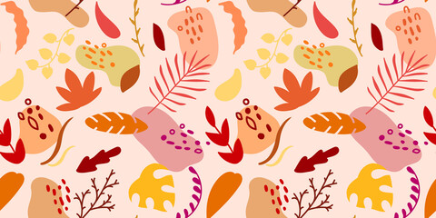 Autumn leaves seamless pattern of bright varipus fall leaves and abstract elements.Vector illustration.