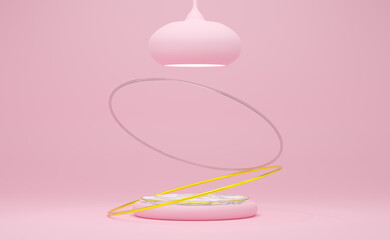 podium empty with geometric shapes in pink pastel composition for modern stage display and minimalist mockup ,abstract showcase background ,Concept 3d illustration or 3d render