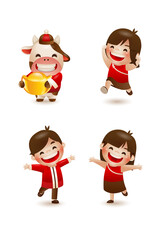 Happy Chinese New Year 2021 year of the ox. Boy, girl and ox with lion dance 2. 