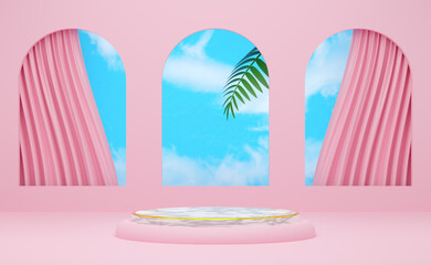 podium empty with geometric shapes and curtain in pink pastel composition for modern stage display and minimalist mockup ,abstract showcase background ,Concept 3d illustration or 3d render