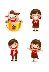 Happy Chinese New Year 2021 year of the ox. Boy, girl and ox with gold ingot 3.