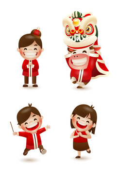 Happy Chinese New Year 2021 year of the ox. Boy, girl and ox with lion dance. 