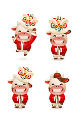Fototapeta premium Happy Chinese New Year 2021 year of the ox. Ox with lion dance.