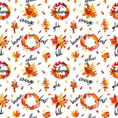 Autumn seamless pattern of bright compositions, wreaths, bouquets, fall leaves and handwritten lettering words.Vector illustration.
