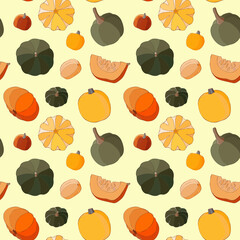 Bright seamless background with pumpkins. Assorted autumn vegetables.