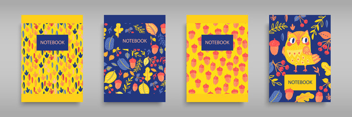 Set covers for notebooks with an owl and wild forest nature. Autumn Doodle leaves, acorns, cute filin. For the design of children s books, brochures, templates for school diaries. Vector illustration