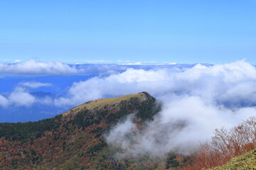 丸笹山　雲に包まれる　紅葉　（剣山登山道から）