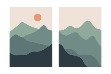 Abstract landscape posters. Boho collage mountains wallpapers for decoration, contemporary art japanese style. Vector illustration