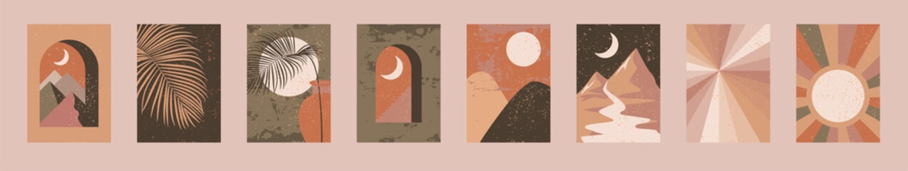 Minimalist wall art. Abstract landscapes for boho esthetic interior. Home decor wall prints. Burnt orange, terracotta colors, mustard hues. Sun and moon. Contemporary artistic printable EPS10 vector © babayuka
