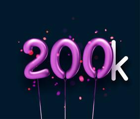 200k sign violet balloons with threads on black background.