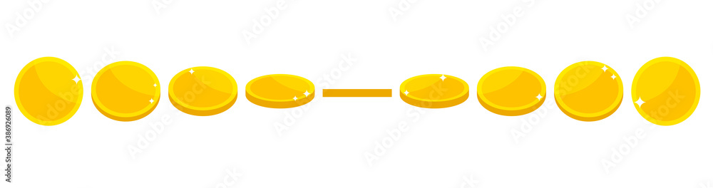 Poster gold coin animation for game and apps. vector golden coins in different shapes or position. illustra