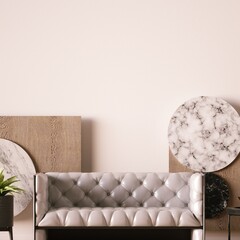 Minimal Interior with Quilted Sofa, Mid-Century Armchair, Indoor Plants and Geometric Shapes.