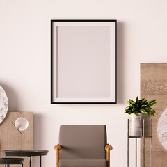 Minimal Interior with Mid-Century Armchair, Indoor Plants and Empty Frame Mockup on the Wall.