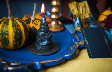 Halloween composition, mystical design for home, with stuff, interesting decor