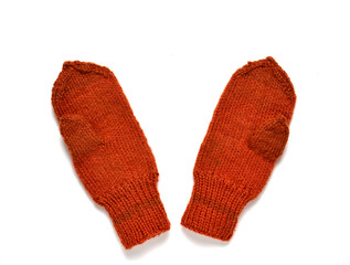 hand-made winter baby mittens. White background. winter concept, christmas new year,