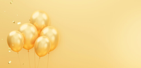 3d render of golden balloons decoration with confetti