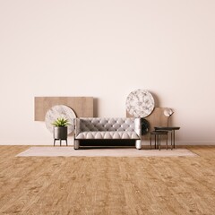 Minimal Interior with Wooden Floor, Mid-Century Armchair, Geometric Shapes and Empty Frame Mockup on the Wall.