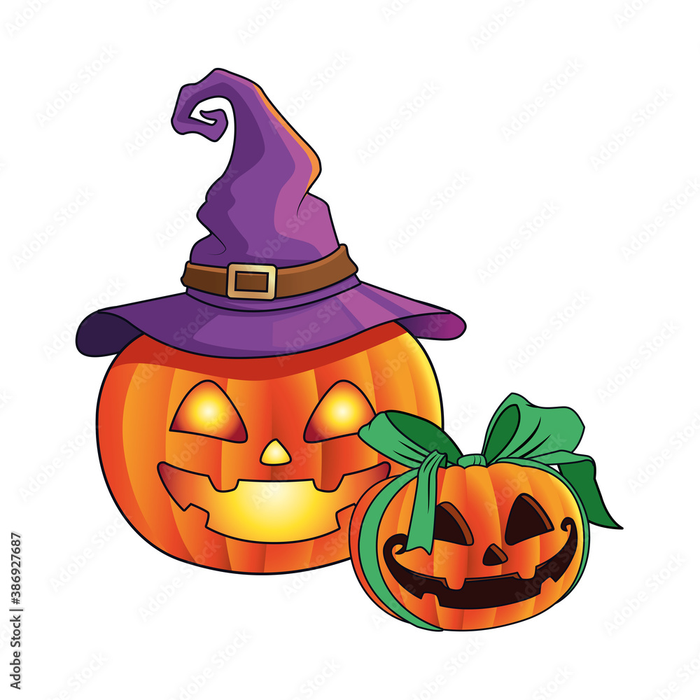 Poster halloween pumpkins faces with bow and witch hat icon