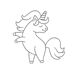 Cute unicorn stands on its hind legs. Hand drawn fairy horse with a horn. Isolated vector illustration in doodle style on white background
