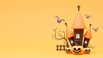 3d render of pumpkin at halloween day with castle