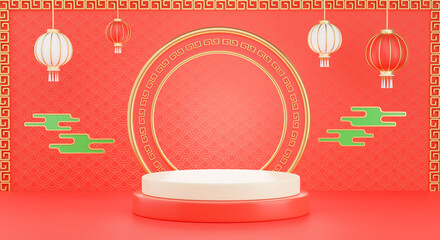 3d render of podium chinese decoration for product presentration