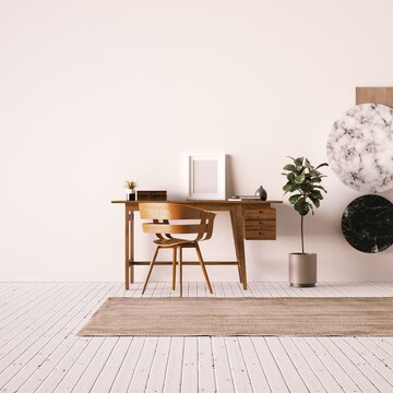 Studio Room with White Planks Floor, Scandinavian Work Desk, Geometric Shapes and Empty Small Frame Mockup Lean on Walls.