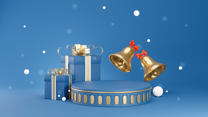 The beautiful podium cylinder decorated with gift box,bell,snow for product presentration or showcase background,abstract or geometric shape,3d rendering.