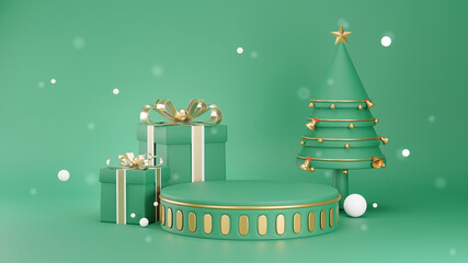 The beautiful podium cylinder decorated with gift box,Christmas tree,snow for product presentration or showcase background,abstract or geometric shape,3d rendering..