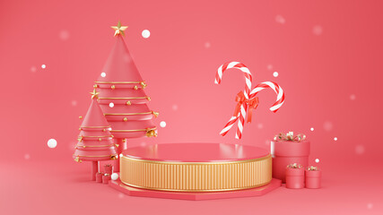 The beautiful podium cylinder decorated with gift box,candy crane,snow for product presentration or showcase background,abstract or geometric shape,3d rendering.