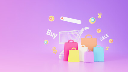 3d render of shopping bag and online shopping store concept