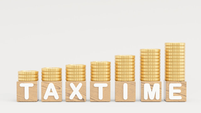 3d render of tax icon wooden blocks with coins stacked