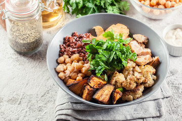 Buddha bowl lunch with chicken and other