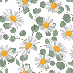 Flowers and leaves, can be used as greeting card, invitation card for wedding, birthday and other holiday and summer background with daisy camomile and eucaliptus.	