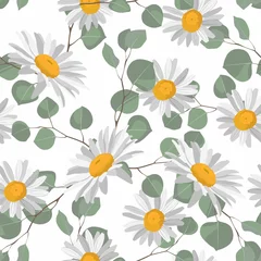 Selbstklebende Fototapeten Flowers and leaves, can be used as greeting card, invitation card for wedding, birthday and other holiday and summer background with daisy camomile and eucaliptus.  © Виктор Фесюк
