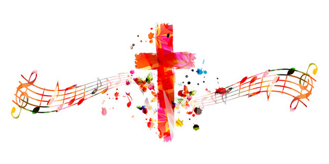 Colorful christian cross with music notes isolated vector illustration. Religion themed background. Design for gospel church music, choir singing, concert, festival, Christianity, prayer - 386929261