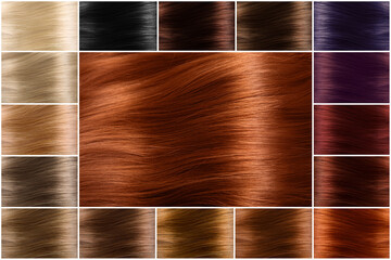 Color chart for tints. Hair color palette with a wide range of swatches. Dyed hair color samples arranged on a card in neat rows. Tints. Colour set. Hair texture in diferent colours.