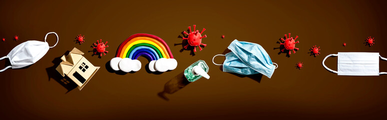 Coronavirus and Covid-19 theme objects - flat lay