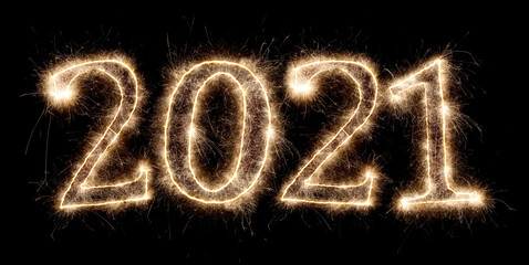 2021 happy new year eve bright glowing golden pyrotechnics sparkler fireworks number isolated black background