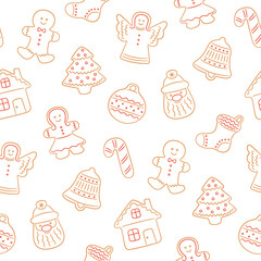 Gingerbread cookies for Christmas. Seamless pattern with gingerbread house, man, angel, bell christmas tree. Vector illustration om white background
