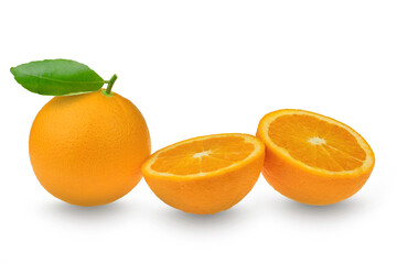 Citrus clementine or tangerine with leaf and half slices on white background with clipping path