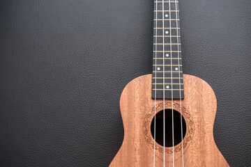 Obraz na płótnie Canvas Brown ukulele on black background with shallow depht of field