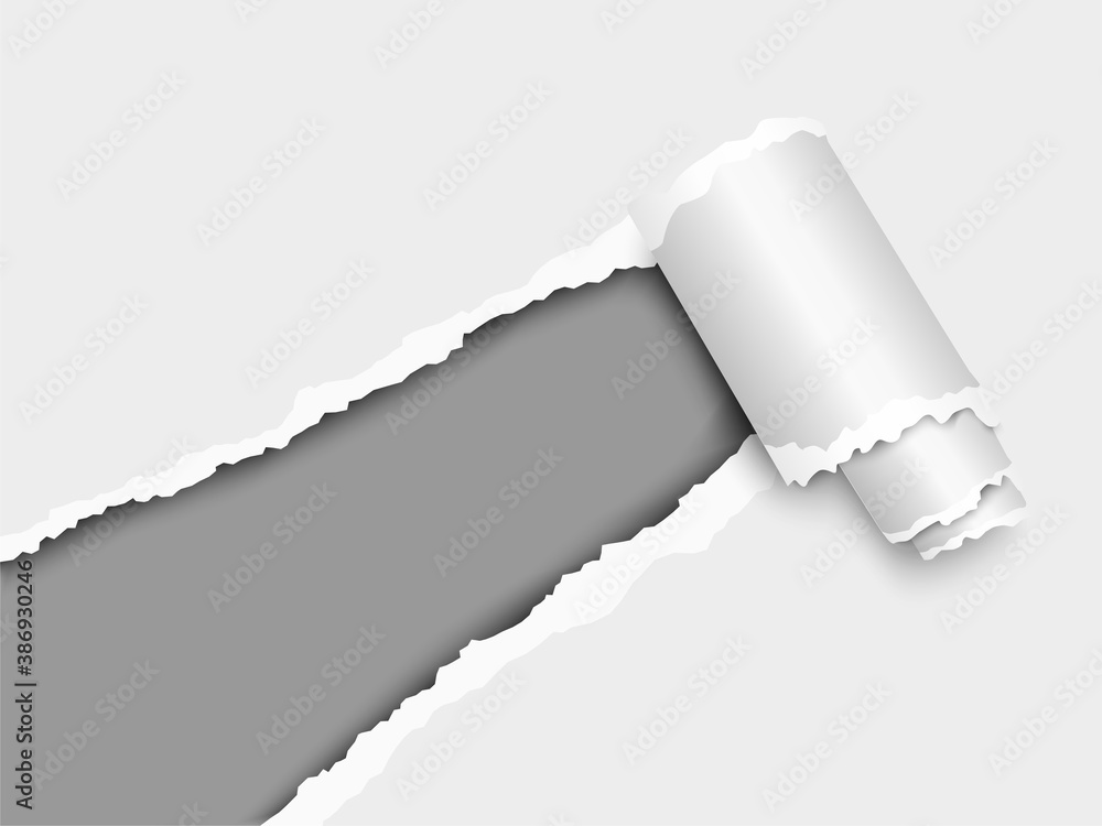 Poster torn, snatched window placed diagonally from lower left corner in white paper with paper curl. dark 