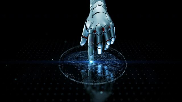 Close-up Artificial Intelligence Concept: Robot Activate Futuristic Web Quantum AI Arm Touch Screen Button. 3D Visualization of Computer Technology and Digitalization Brain Abstract Cyber Animation 4k